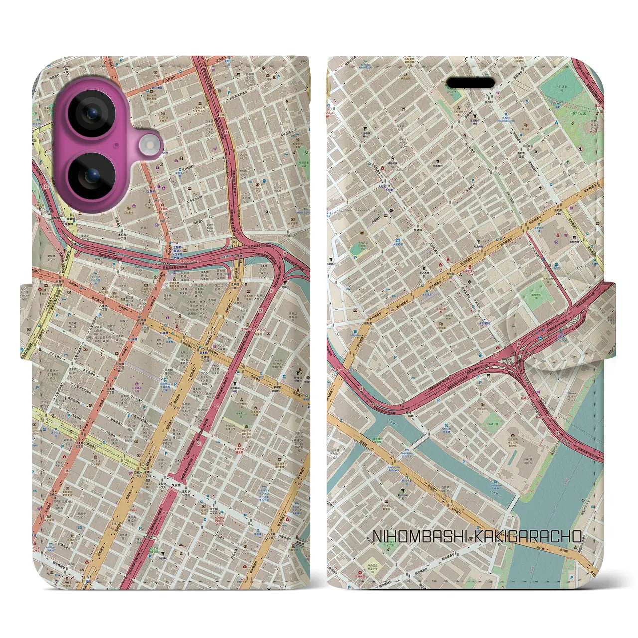 【日本橋蛎殻町(東京都)】地図柄iPhoneケース(手帳タイプ)ナチュラル・iPhone 16 Pro 用