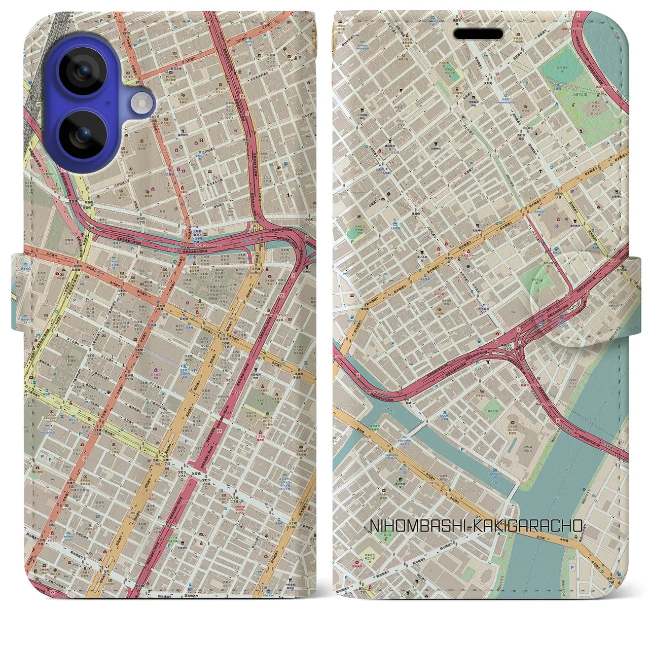 【日本橋蛎殻町(東京都)】地図柄iPhoneケース(手帳タイプ)ナチュラル・iPhone 16 Pro Max 用