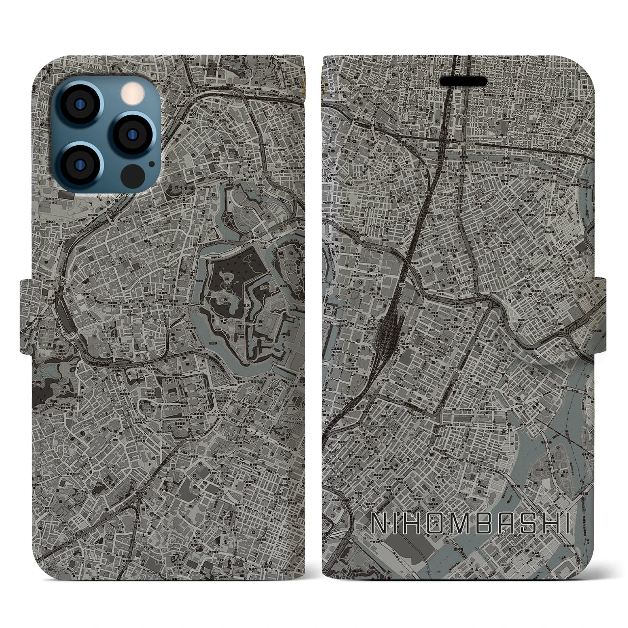 【日本橋(東京都)】地図柄iPhoneケース(手帳タイプ)モノトーン・iPhone 12 / 12 Pro 用