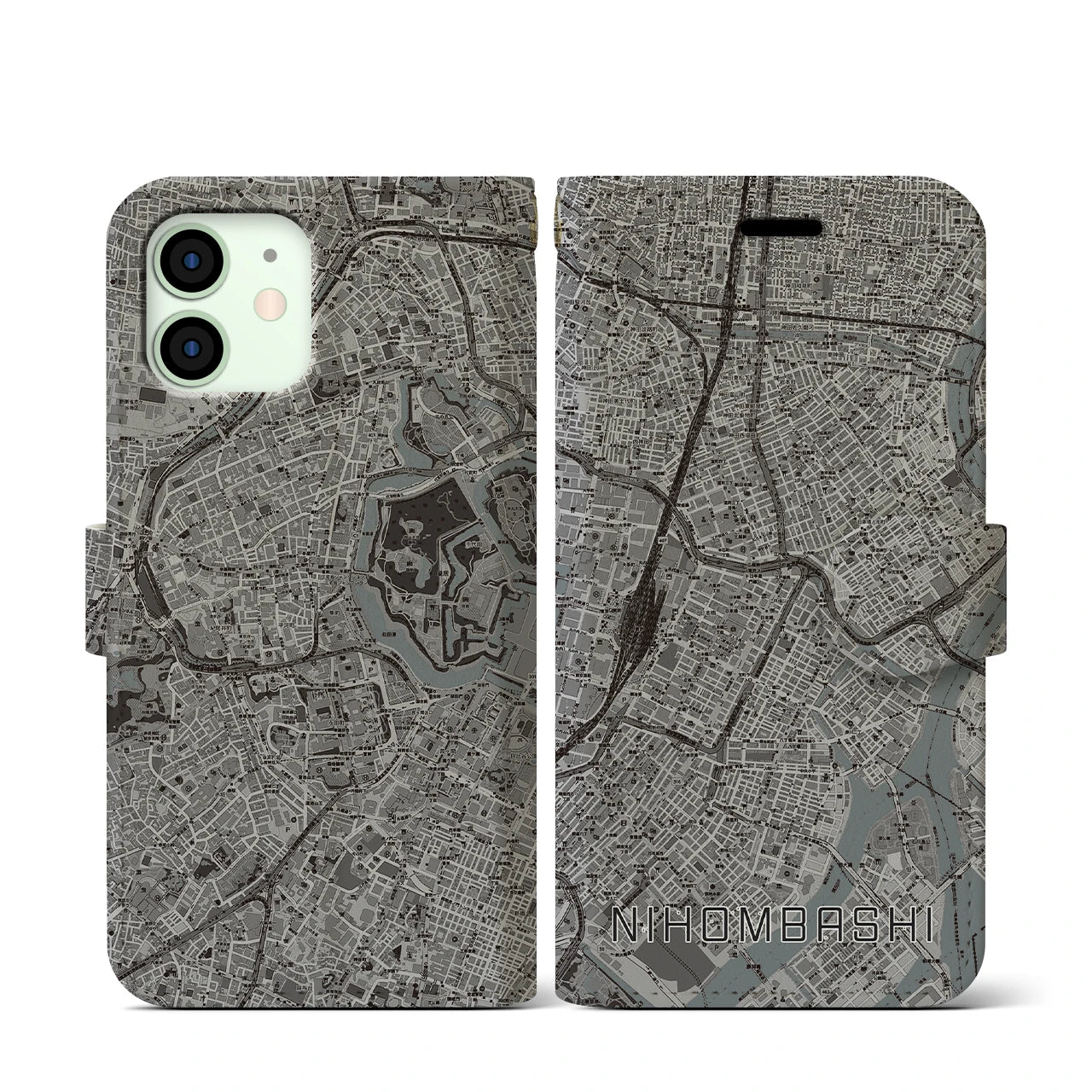 【日本橋(東京都)】地図柄iPhoneケース(手帳タイプ)モノトーン・iPhone 12 mini 用