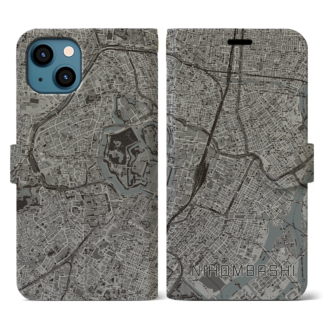 【日本橋(東京都)】地図柄iPhoneケース(手帳タイプ)モノトーン・iPhone 13 用