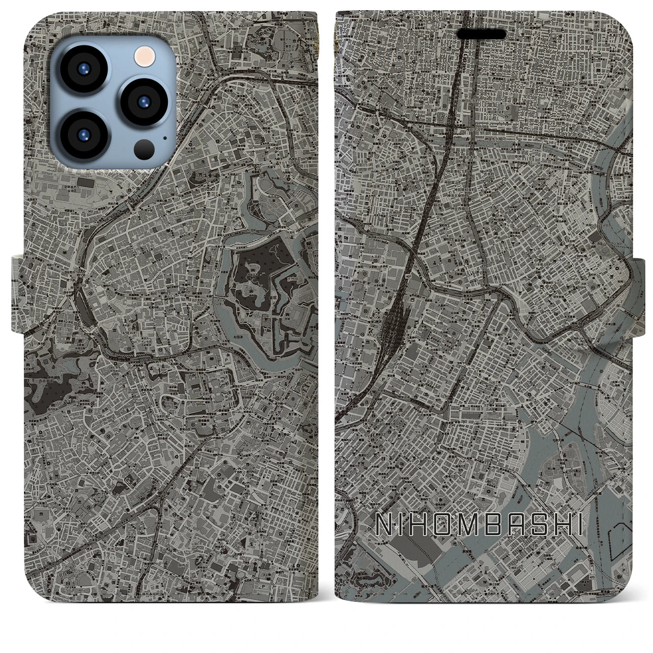 【日本橋(東京都)】地図柄iPhoneケース(手帳タイプ)モノトーン・iPhone 13 Pro Max 用