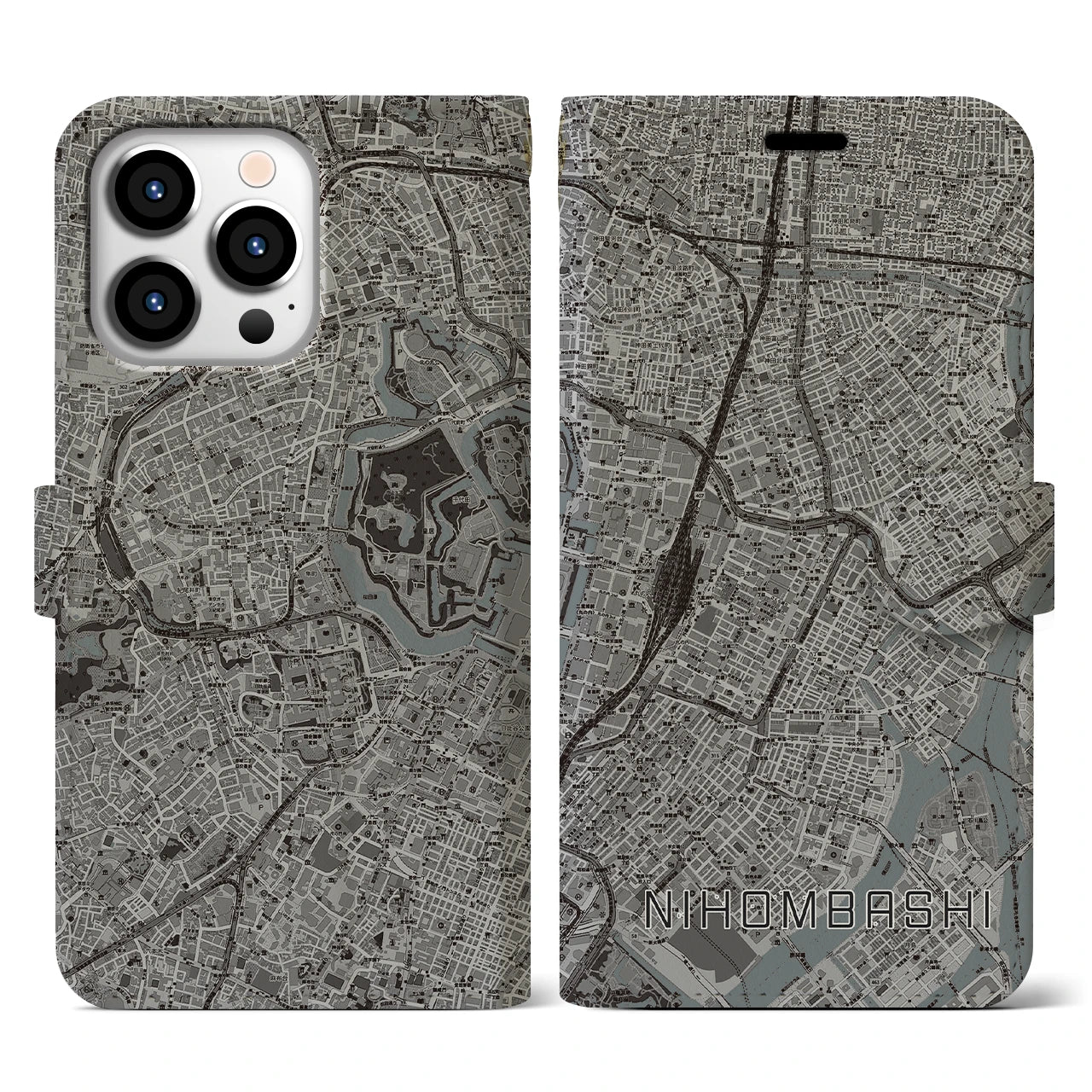【日本橋(東京都)】地図柄iPhoneケース(手帳タイプ)モノトーン・iPhone 13 Pro 用