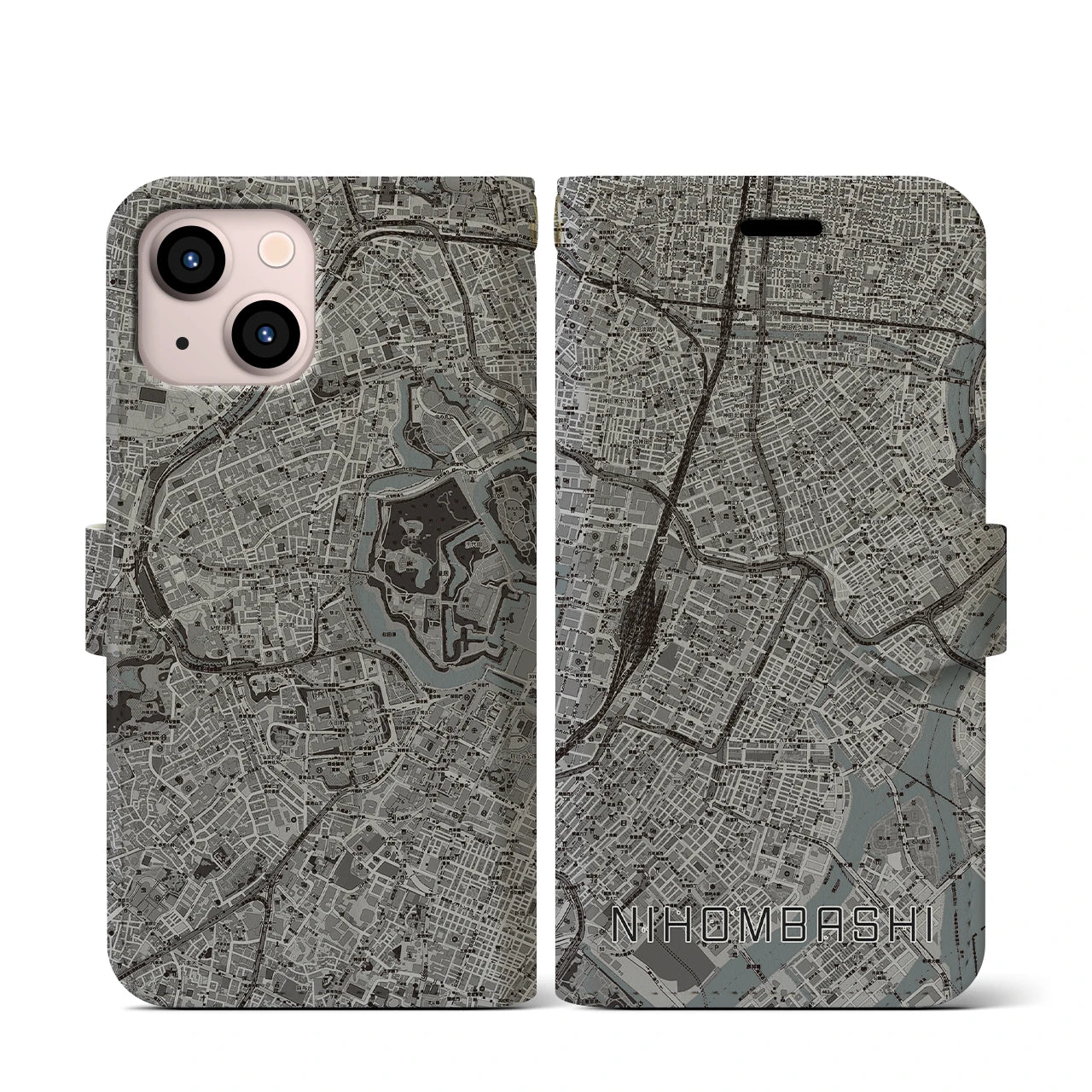 【日本橋(東京都)】地図柄iPhoneケース(手帳タイプ)モノトーン・iPhone 13 mini 用