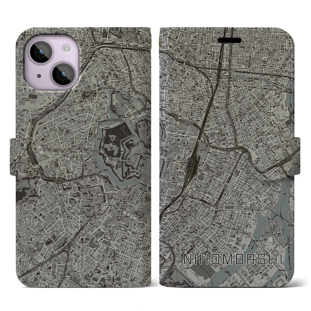 【日本橋(東京都)】地図柄iPhoneケース(手帳タイプ)モノトーン・iPhone 14 用