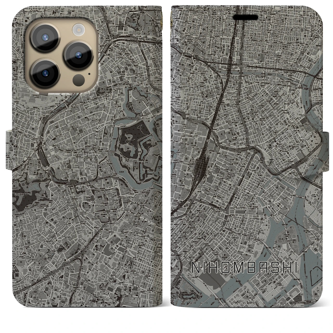 【日本橋(東京都)】地図柄iPhoneケース(手帳タイプ)モノトーン・iPhone 14 Pro Max 用