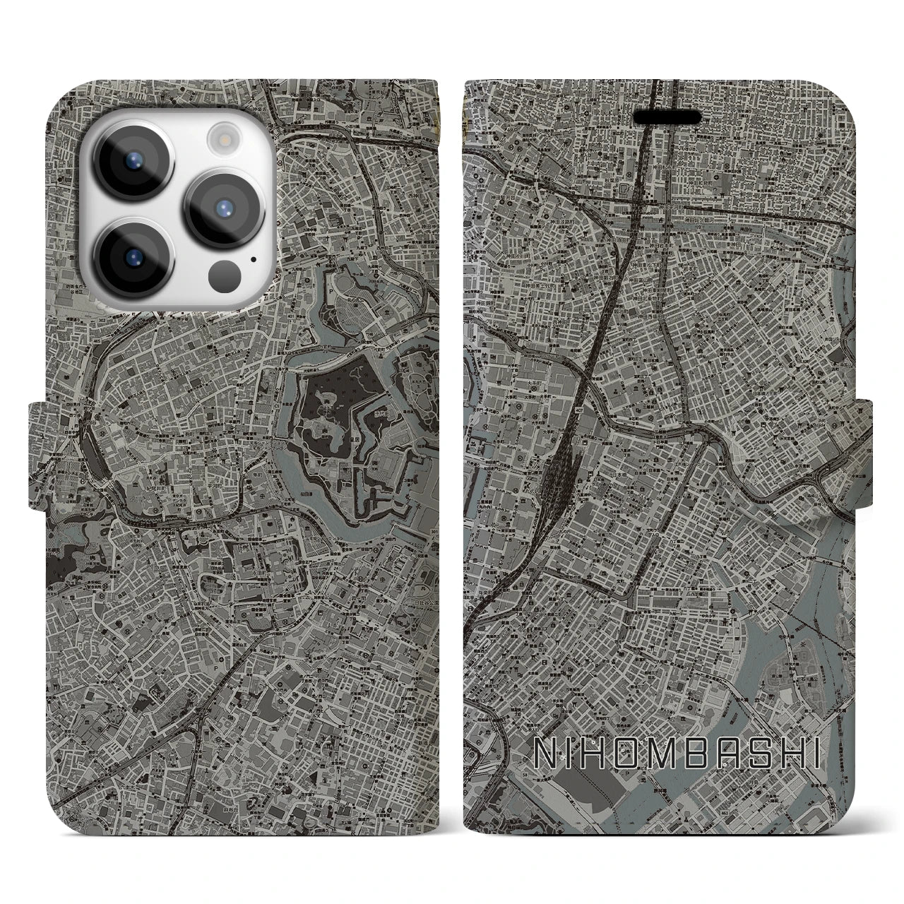 【日本橋(東京都)】地図柄iPhoneケース(手帳タイプ)モノトーン・iPhone 14 Pro 用