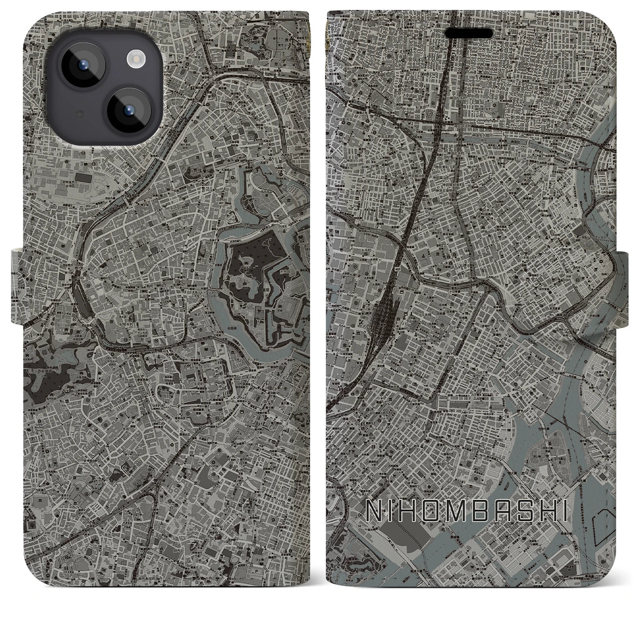 【日本橋(東京都)】地図柄iPhoneケース(手帳タイプ)モノトーン・iPhone 14 Plus 用