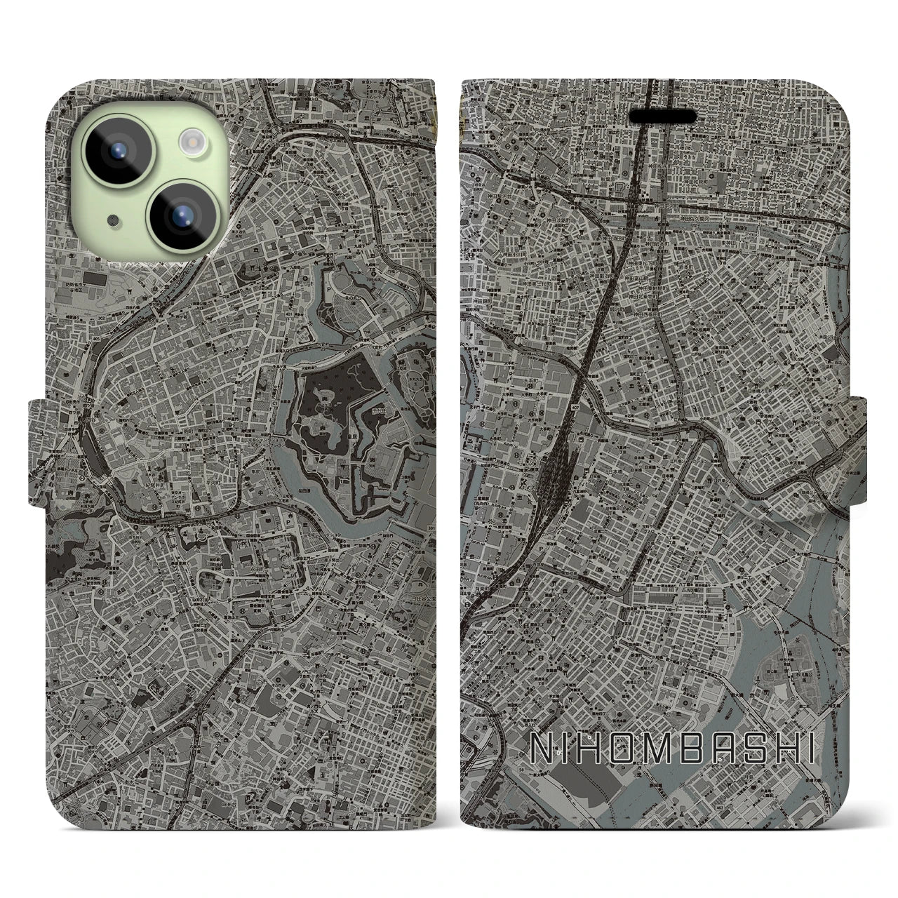 【日本橋(東京都)】地図柄iPhoneケース(手帳タイプ)モノトーン・iPhone 15 用