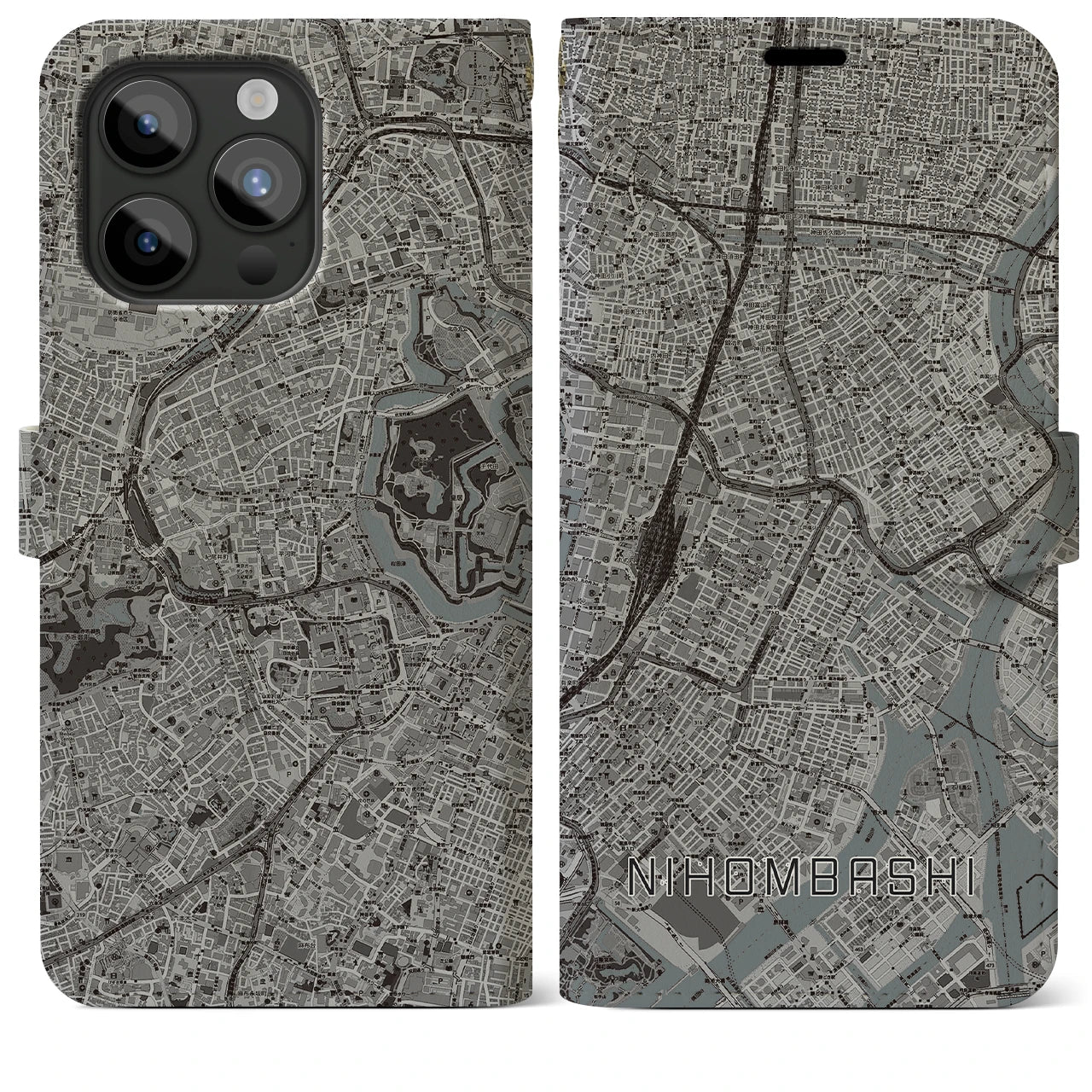 【日本橋(東京都)】地図柄iPhoneケース(手帳タイプ)モノトーン・iPhone 15 Pro Max 用