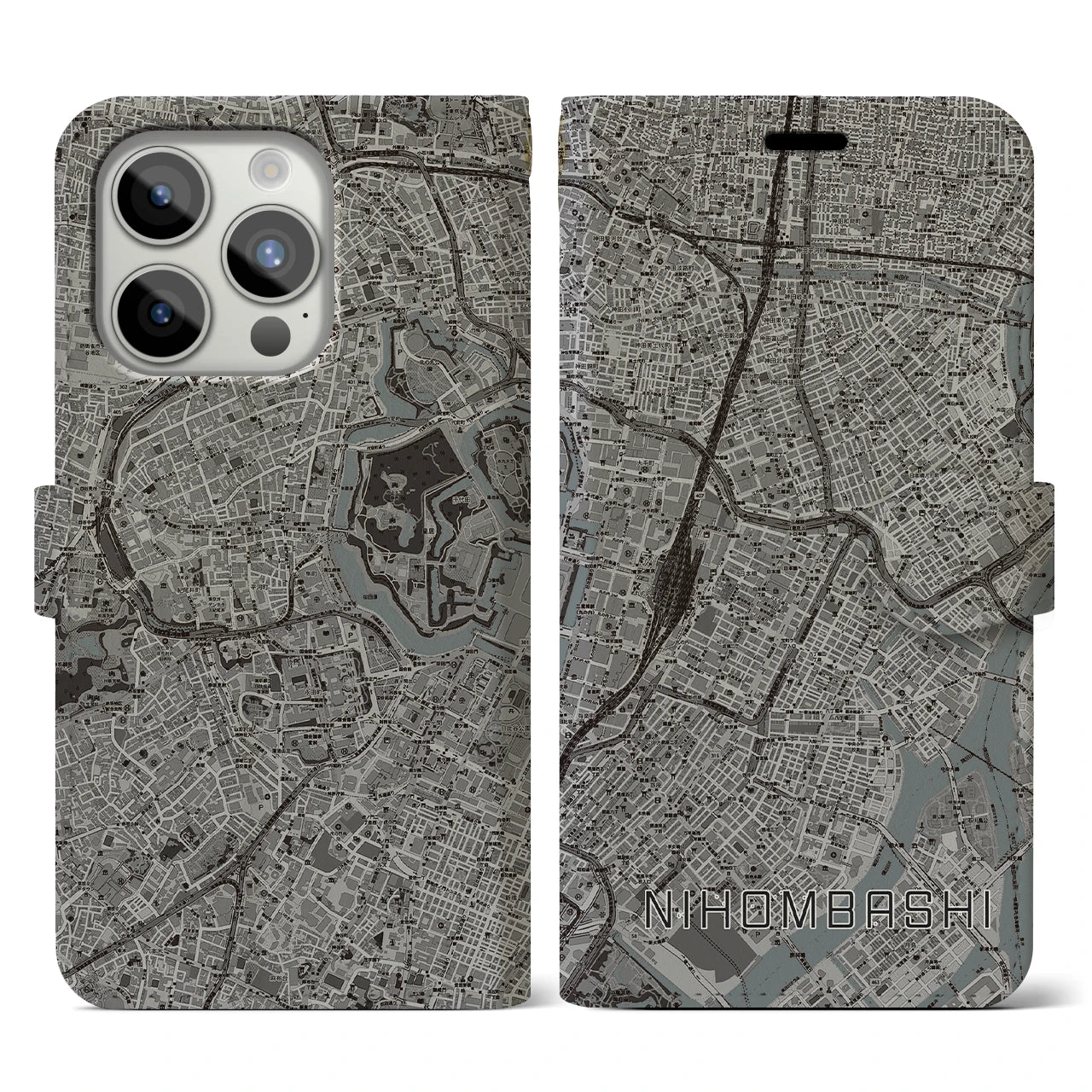 【日本橋(東京都)】地図柄iPhoneケース(手帳タイプ)モノトーン・iPhone 15 Pro 用
