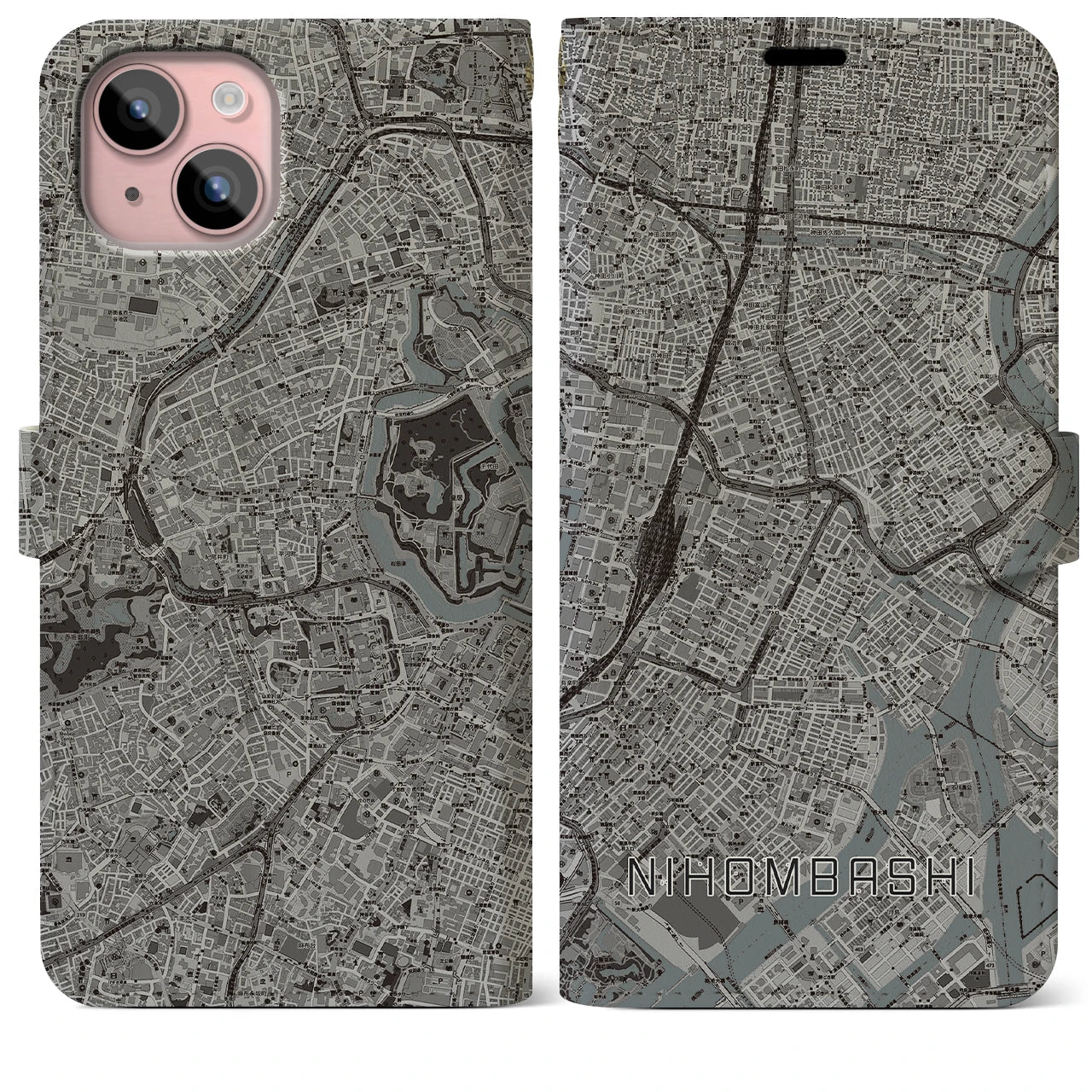 【日本橋(東京都)】地図柄iPhoneケース(手帳タイプ)モノトーン・iPhone 15 Plus 用