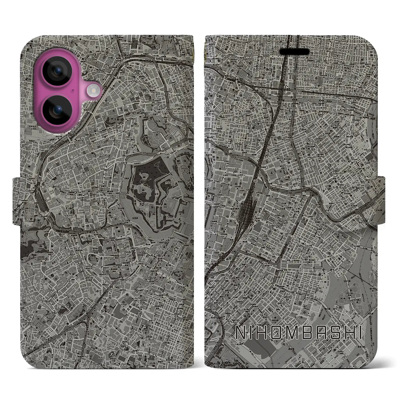 【日本橋(東京都)】地図柄iPhoneケース(手帳タイプ)モノトーン・iPhone 16 Pro 用