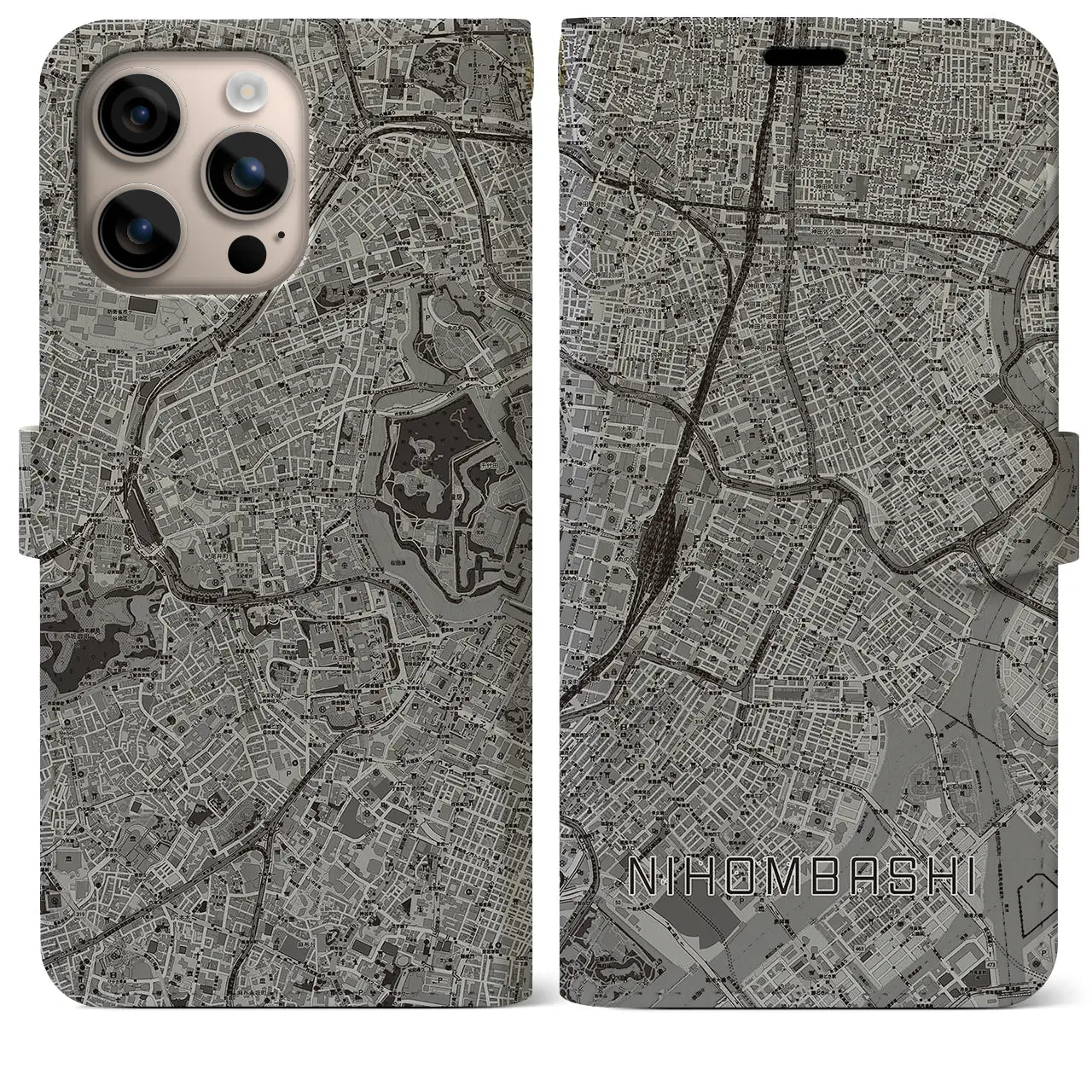 【日本橋(東京都)】地図柄iPhoneケース(手帳タイプ)モノトーン・iPhone 16 Plus 用