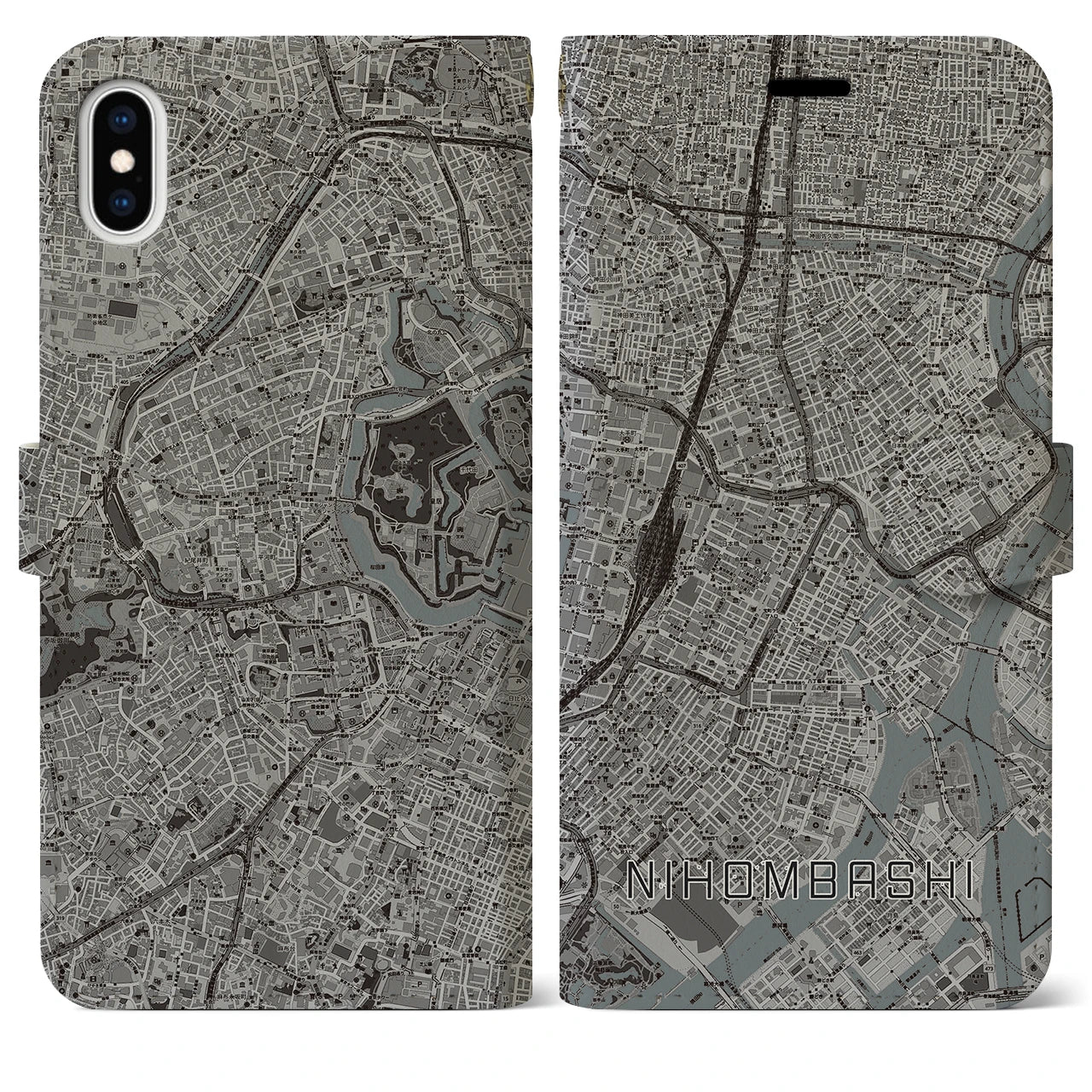 【日本橋(東京都)】地図柄iPhoneケース(手帳タイプ)モノトーン・iPhone XS Max 用