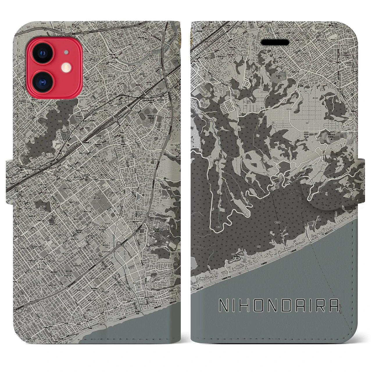 【日本平(静岡県)】地図柄iPhoneケース(手帳タイプ)モノトーン・iPhone 11 用