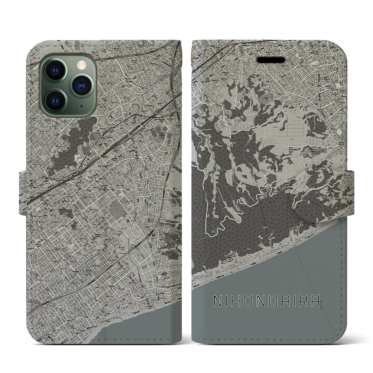 【日本平(静岡県)】地図柄iPhoneケース(手帳タイプ)モノトーン・iPhone 11 Pro 用