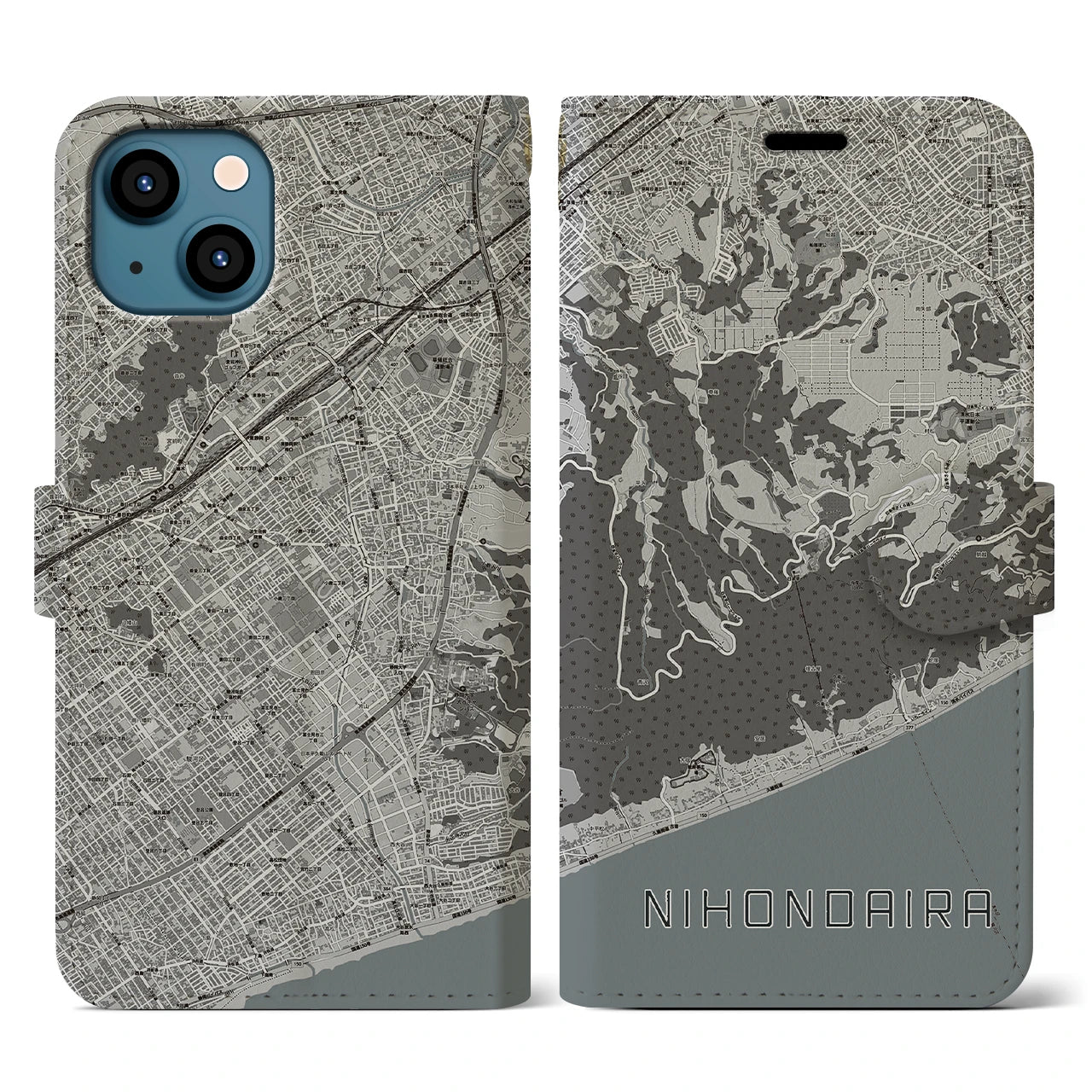 【日本平(静岡県)】地図柄iPhoneケース(手帳タイプ)モノトーン・iPhone 13 用