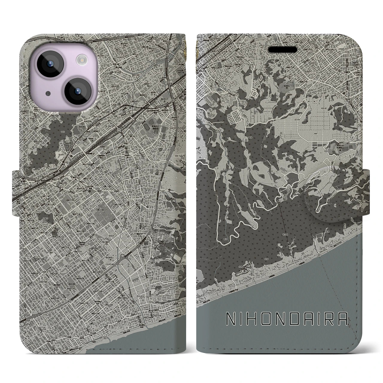 【日本平(静岡県)】地図柄iPhoneケース(手帳タイプ)モノトーン・iPhone 14 用