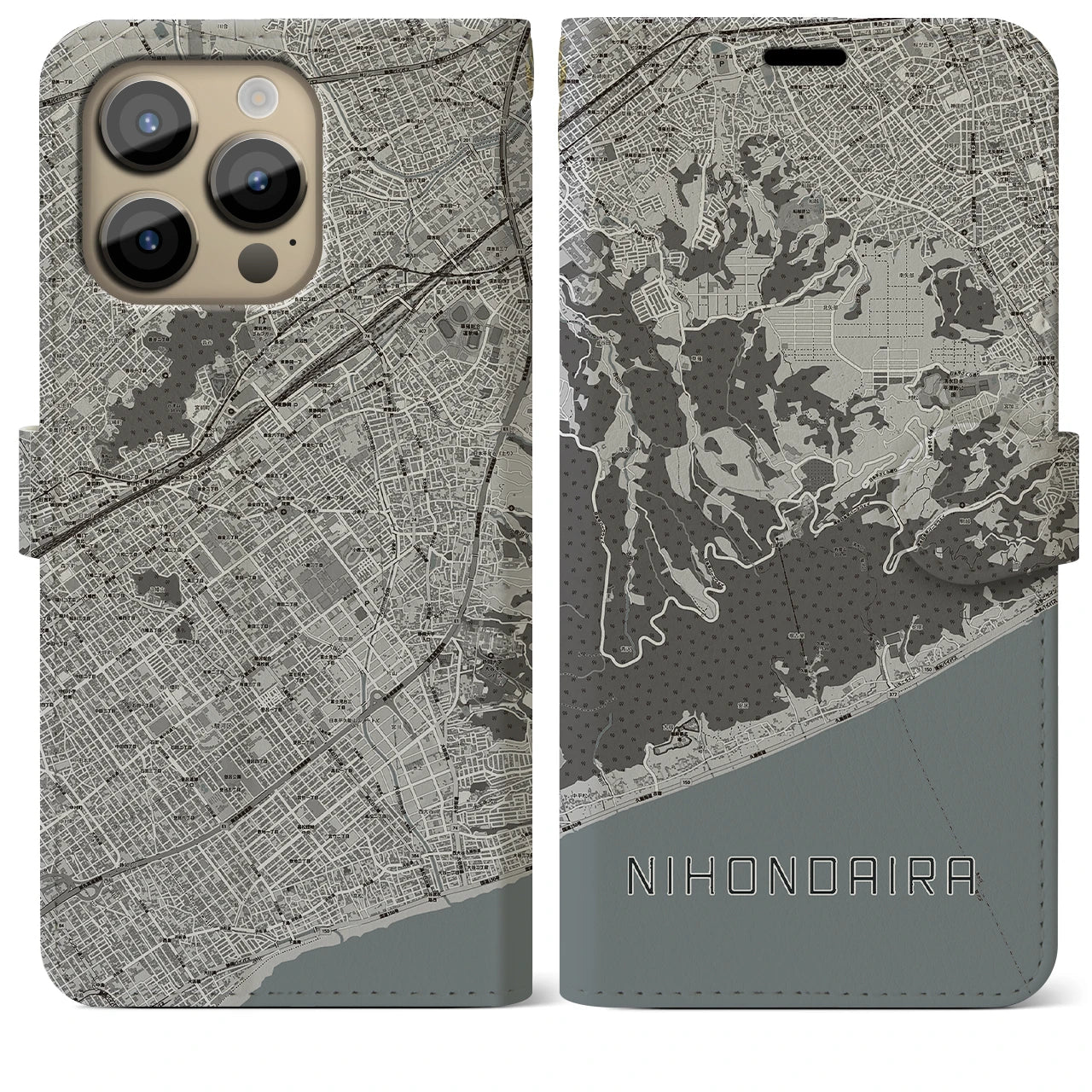 【日本平(静岡県)】地図柄iPhoneケース(手帳タイプ)モノトーン・iPhone 14 Pro Max 用