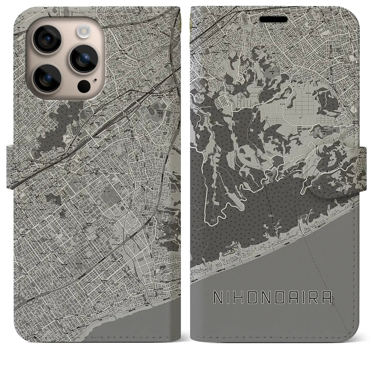 【日本平(静岡県)】地図柄iPhoneケース(手帳タイプ)モノトーン・iPhone 16 Plus 用