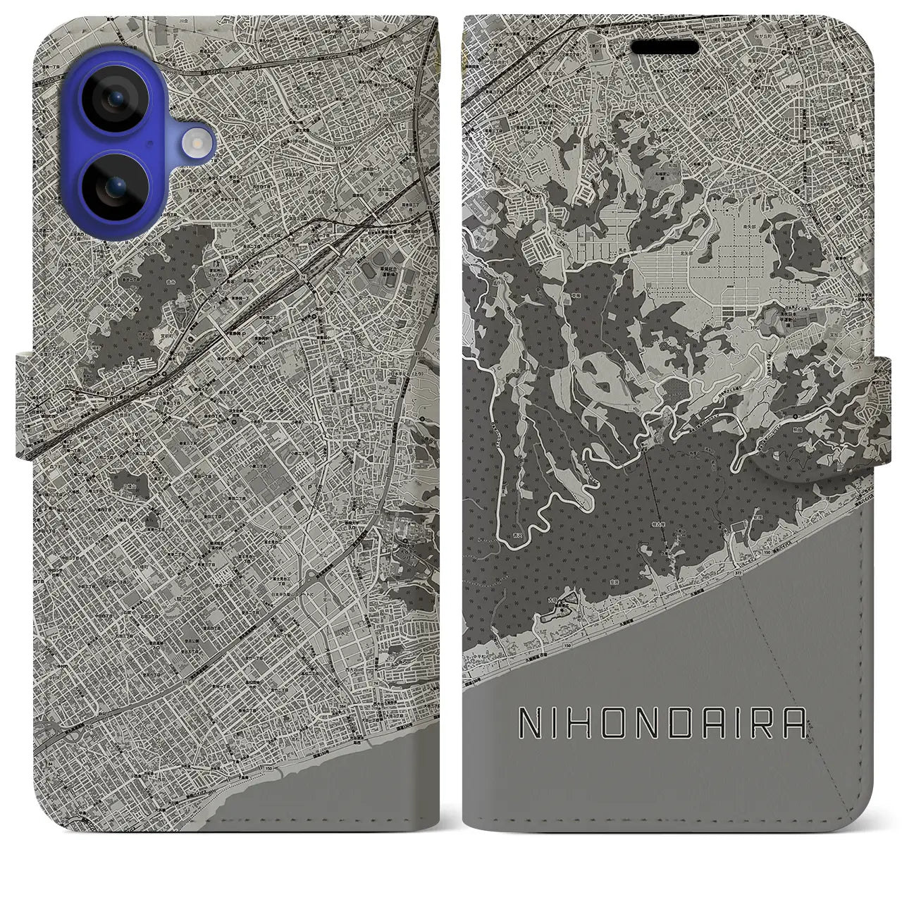 【日本平(静岡県)】地図柄iPhoneケース(手帳タイプ)モノトーン・iPhone 16 Pro Max 用