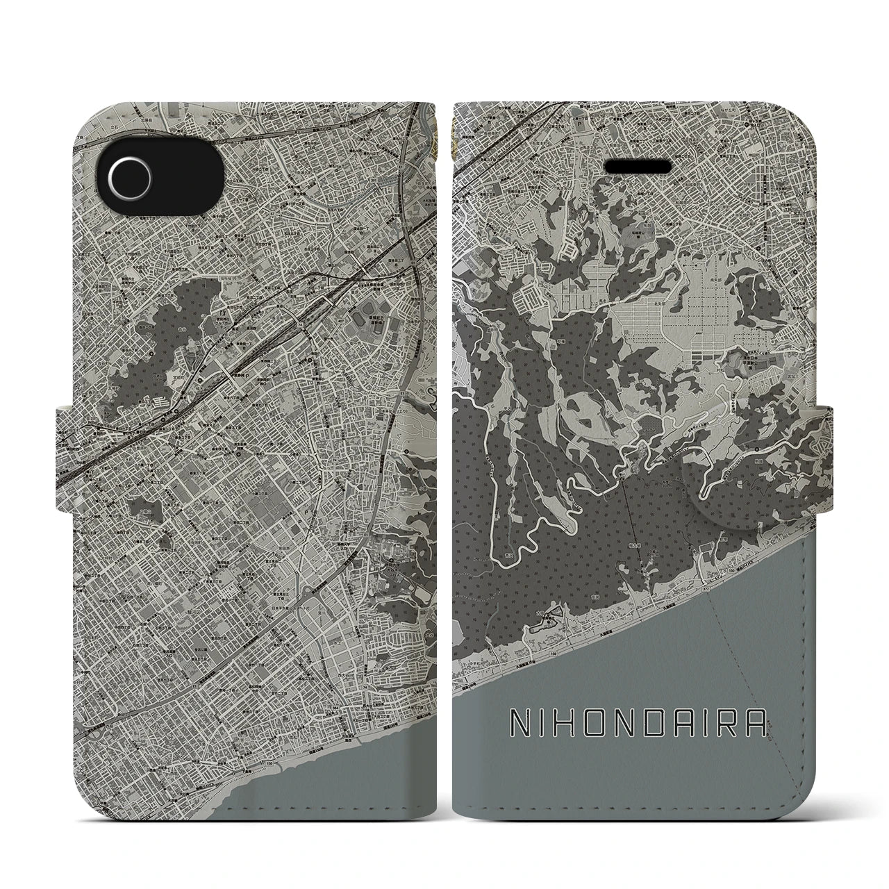 【日本平(静岡県)】地図柄iPhoneケース(手帳タイプ)モノトーン・iPhone SE(第3 / 第2世代) / 8 / 7 / 6s / 6 用