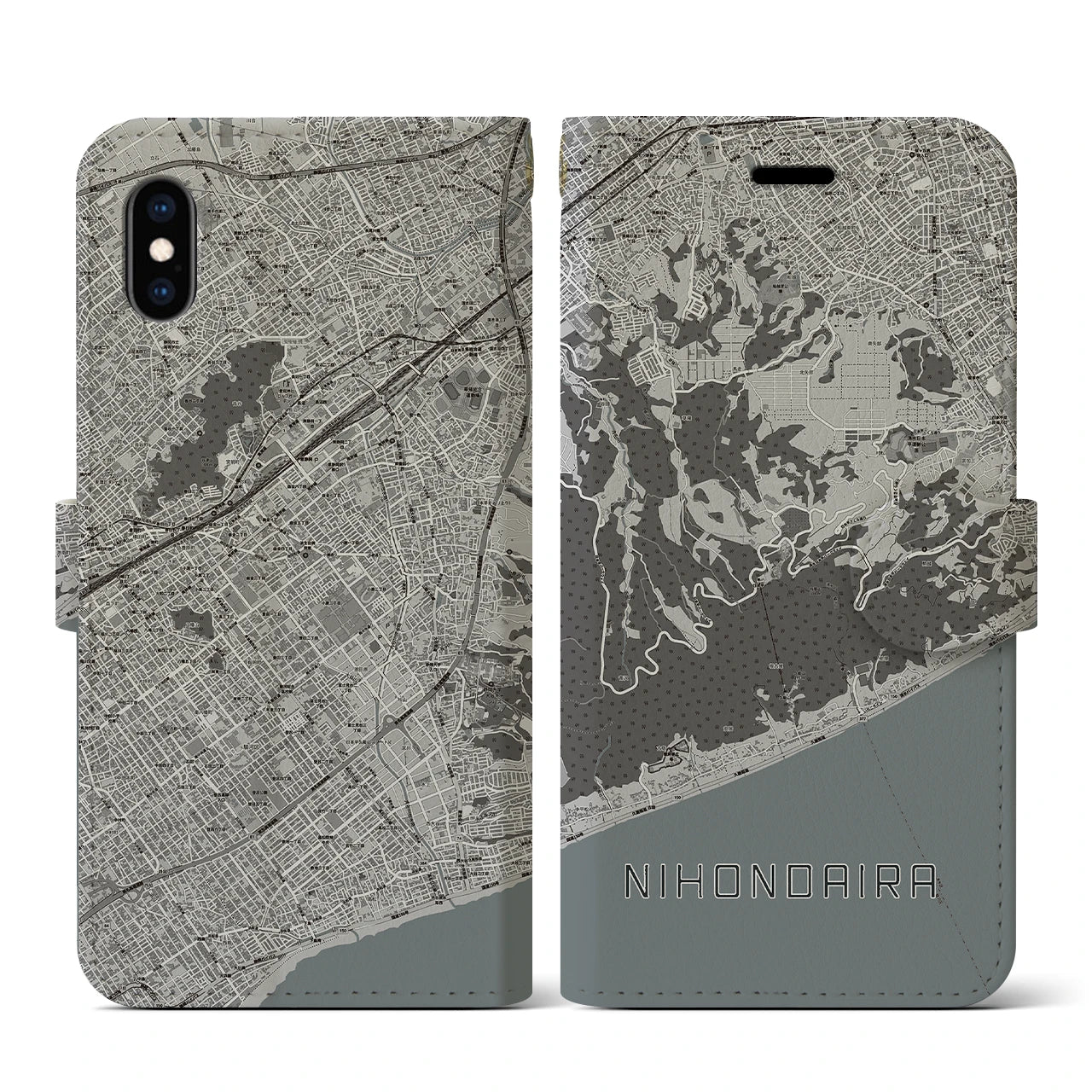 【日本平(静岡県)】地図柄iPhoneケース(手帳タイプ)モノトーン・iPhone XS / X 用