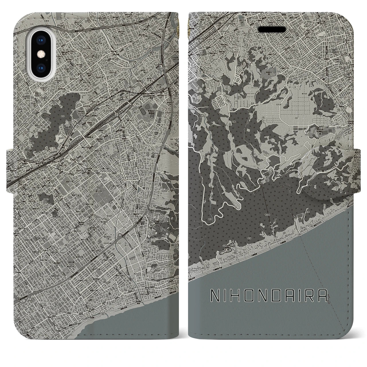 【日本平(静岡県)】地図柄iPhoneケース(手帳タイプ)モノトーン・iPhone XS Max 用