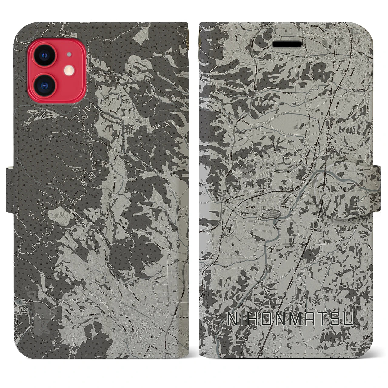 【二本松(福島県)】地図柄iPhoneケース(手帳タイプ)モノトーン・iPhone 11 用