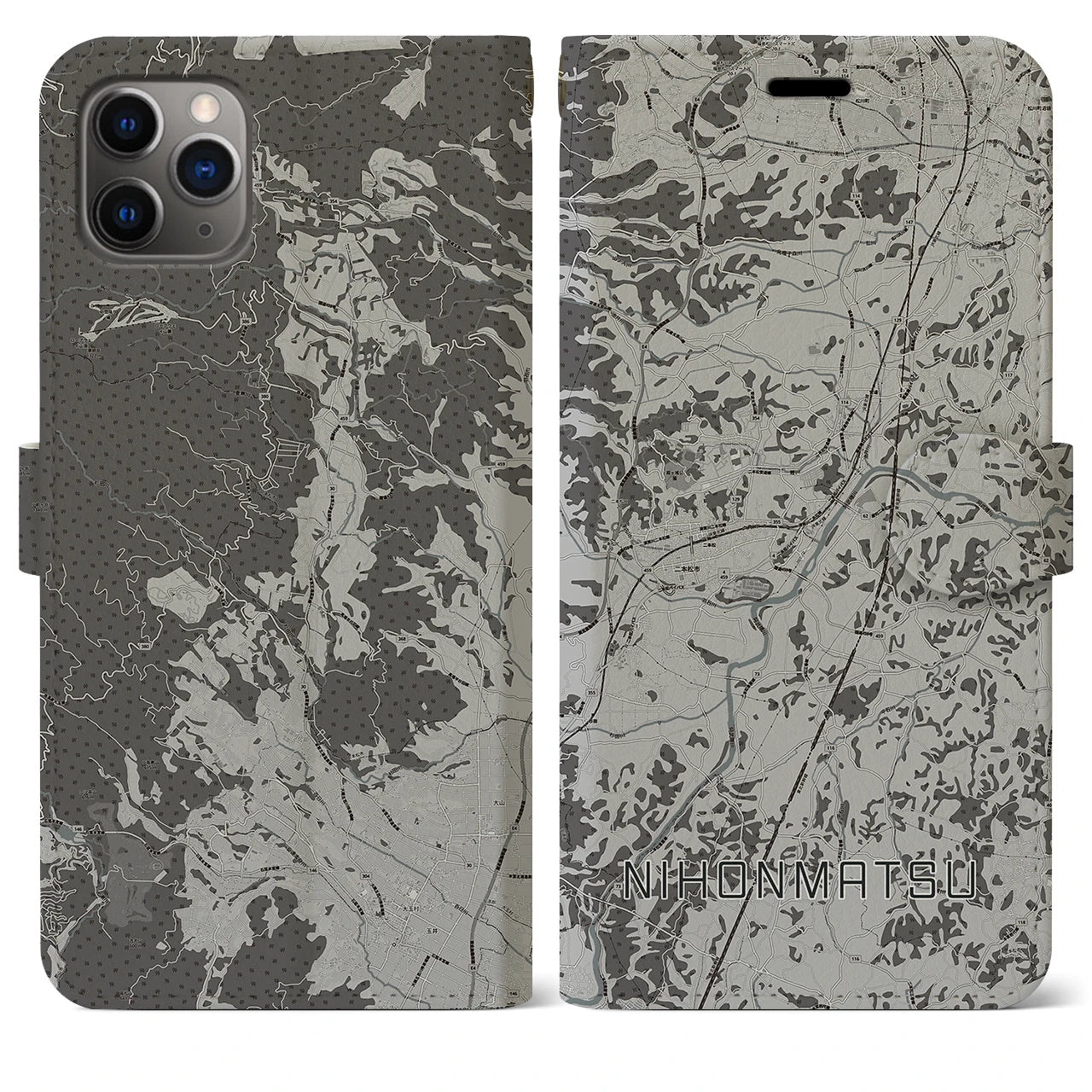 【二本松(福島県)】地図柄iPhoneケース(手帳タイプ)モノトーン・iPhone 11 Pro Max 用