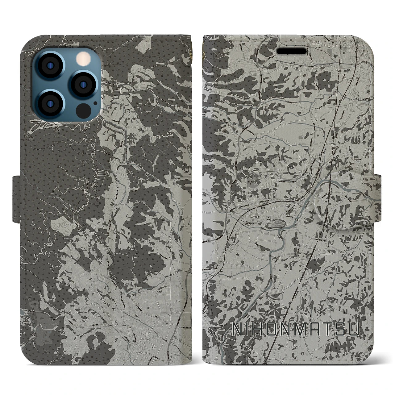 【二本松(福島県)】地図柄iPhoneケース(手帳タイプ)モノトーン・iPhone 12 / 12 Pro 用