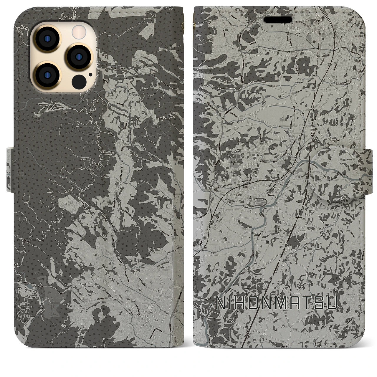 【二本松(福島県)】地図柄iPhoneケース(手帳タイプ)モノトーン・iPhone 12 Pro Max 用