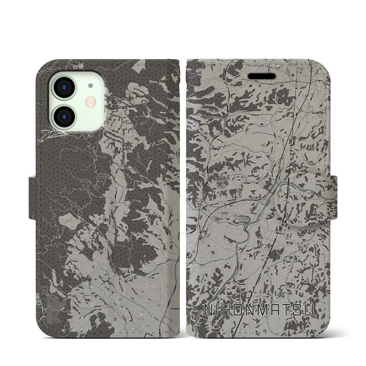 【二本松(福島県)】地図柄iPhoneケース(手帳タイプ)モノトーン・iPhone 12 mini 用