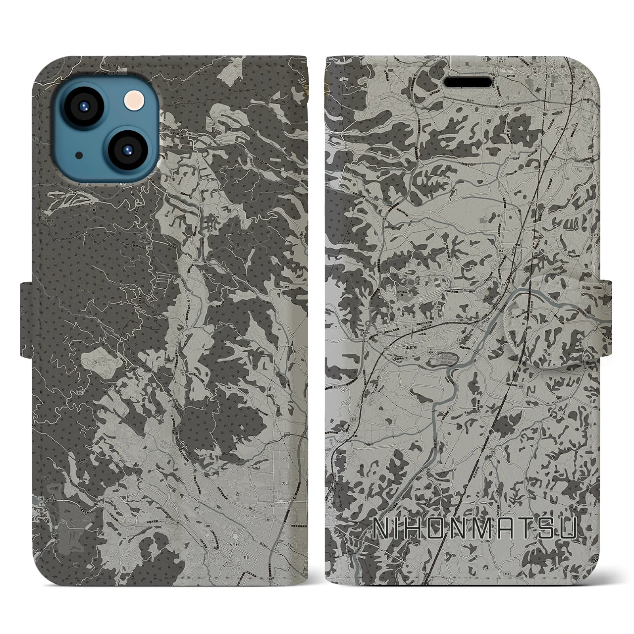 【二本松(福島県)】地図柄iPhoneケース(手帳タイプ)モノトーン・iPhone 13 用