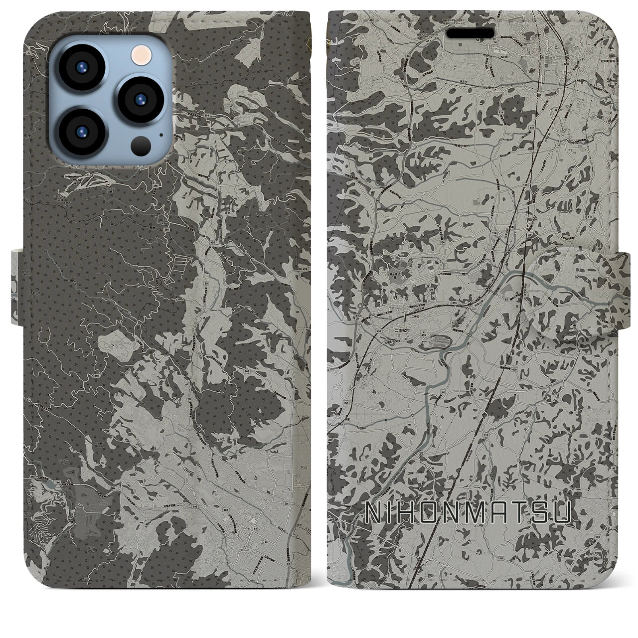 【二本松(福島県)】地図柄iPhoneケース(手帳タイプ)モノトーン・iPhone 13 Pro Max 用