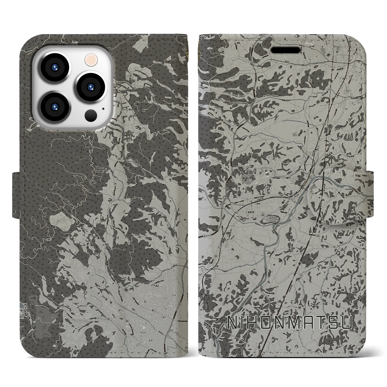 【二本松(福島県)】地図柄iPhoneケース(手帳タイプ)モノトーン・iPhone 13 Pro 用