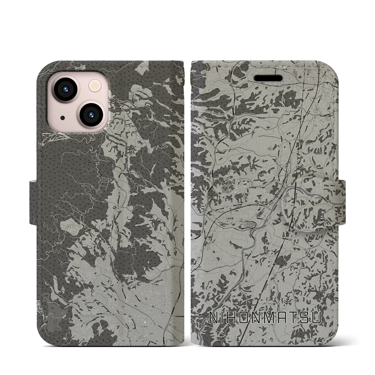 【二本松(福島県)】地図柄iPhoneケース(手帳タイプ)モノトーン・iPhone 13 mini 用