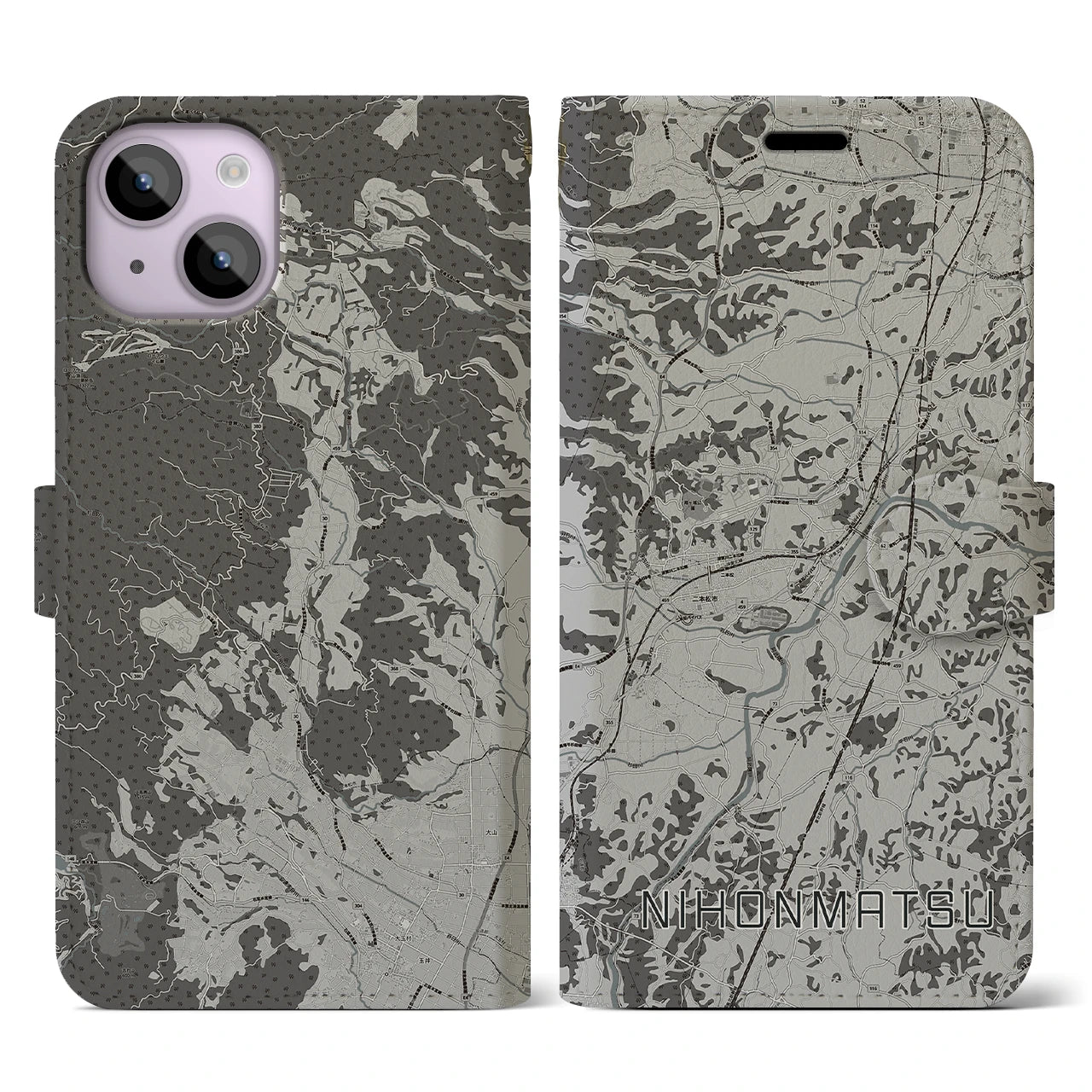【二本松(福島県)】地図柄iPhoneケース(手帳タイプ)モノトーン・iPhone 14 用