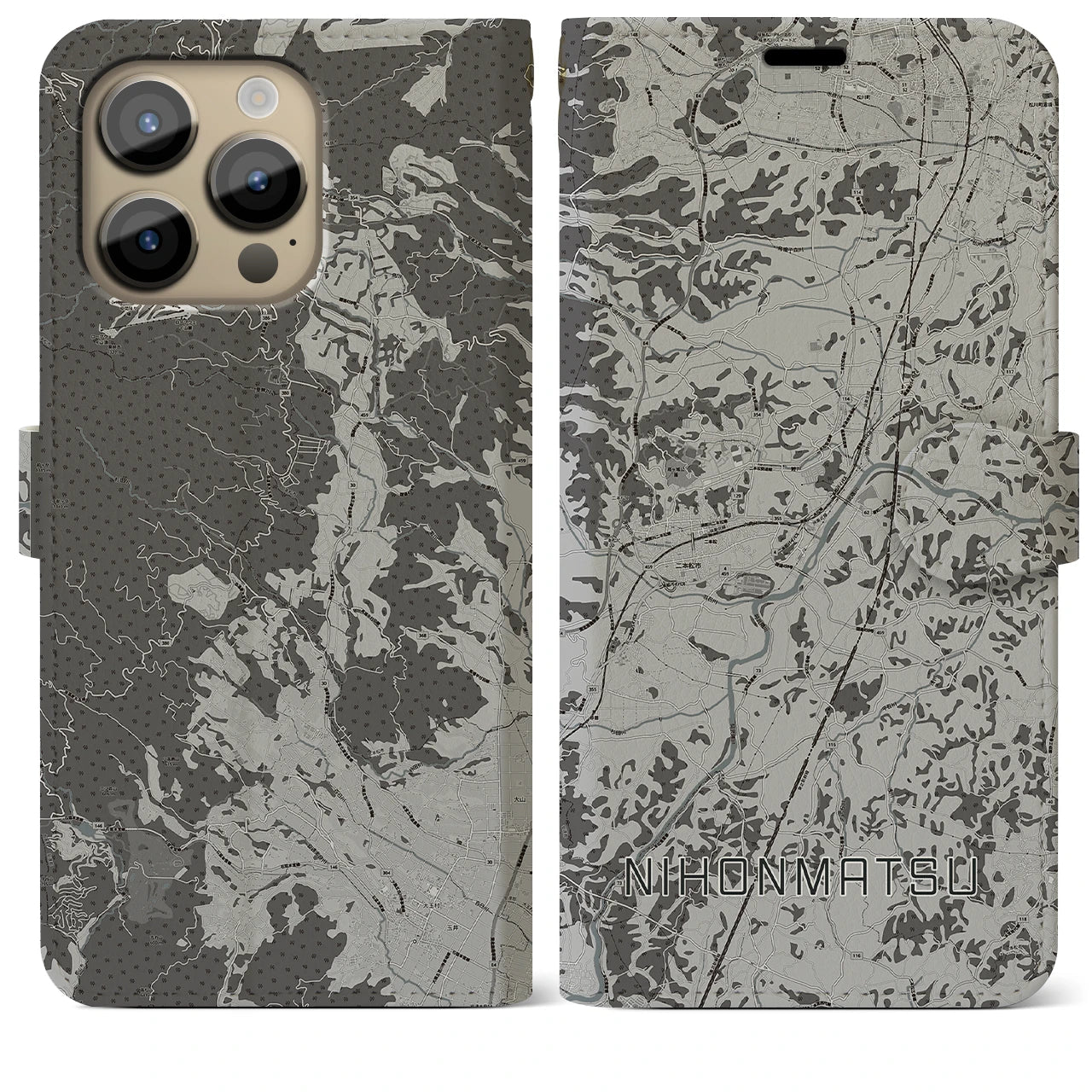 【二本松(福島県)】地図柄iPhoneケース(手帳タイプ)モノトーン・iPhone 14 Pro Max 用