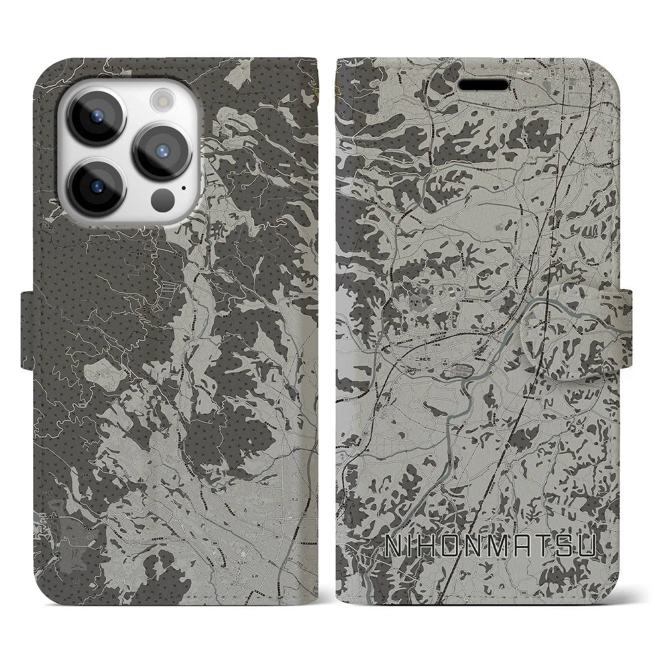【二本松(福島県)】地図柄iPhoneケース(手帳タイプ)モノトーン・iPhone 14 Pro 用