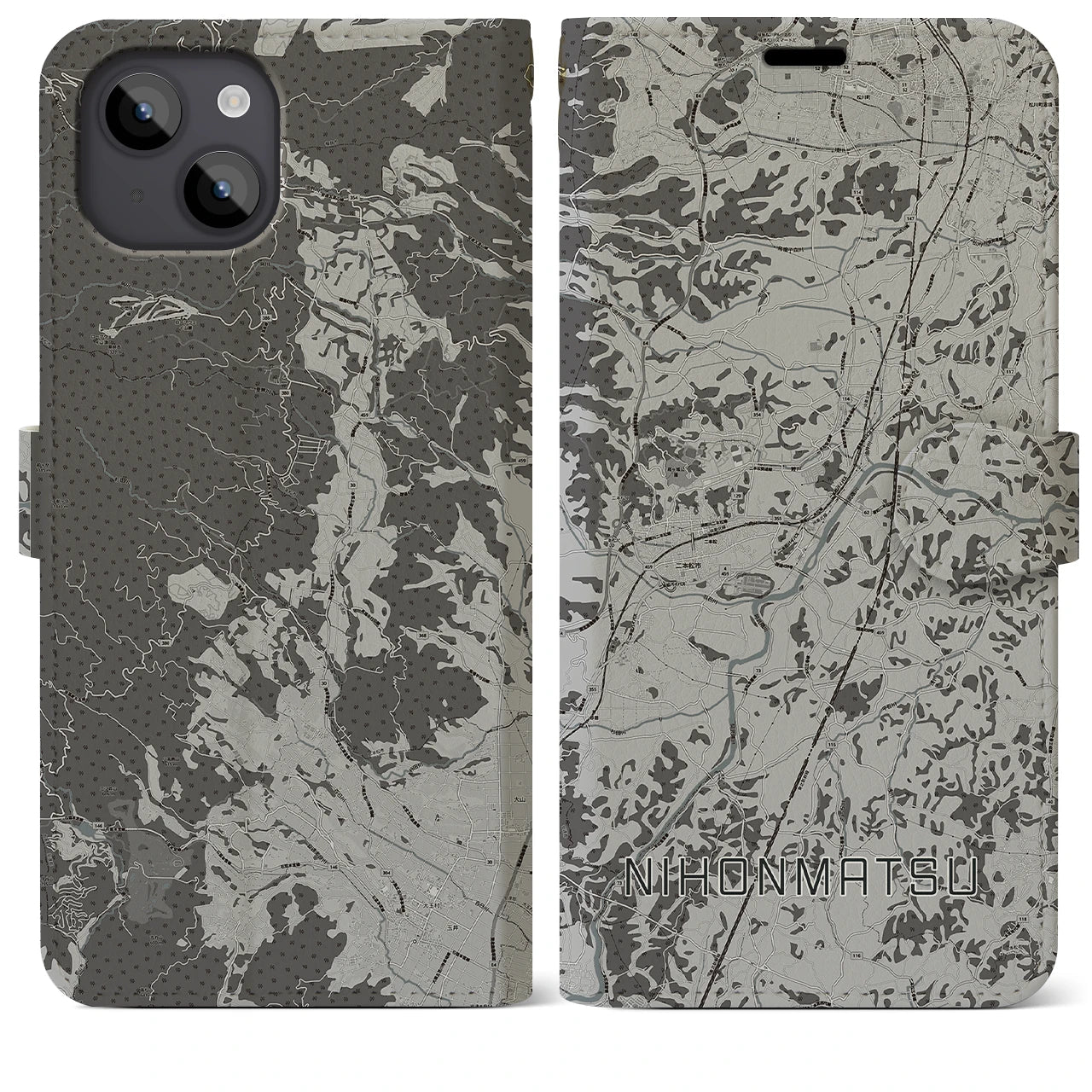 【二本松(福島県)】地図柄iPhoneケース(手帳タイプ)モノトーン・iPhone 14 Plus 用