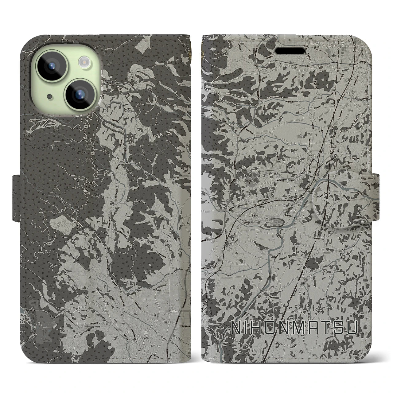 【二本松(福島県)】地図柄iPhoneケース(手帳タイプ)モノトーン・iPhone 15 用