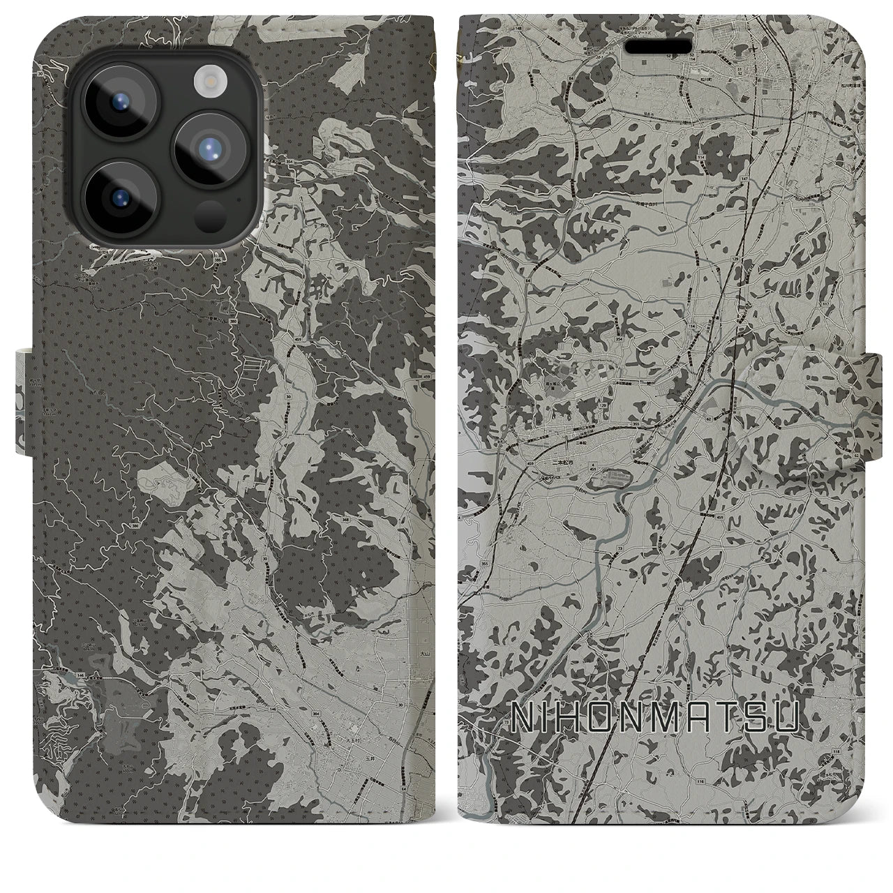【二本松(福島県)】地図柄iPhoneケース(手帳タイプ)モノトーン・iPhone 15 Pro Max 用