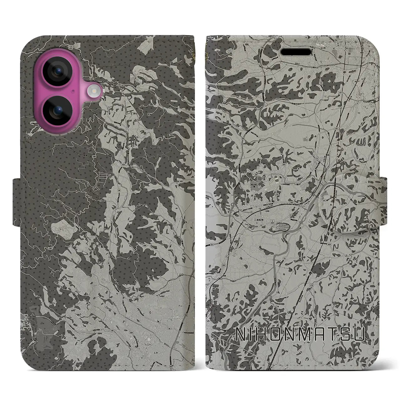 【二本松(福島県)】地図柄iPhoneケース(手帳タイプ)モノトーン・iPhone 16 Pro 用