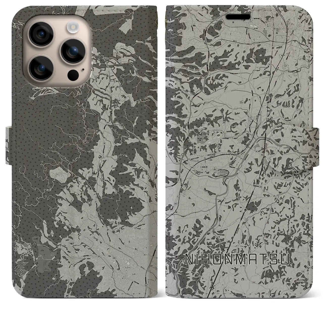 【二本松(福島県)】地図柄iPhoneケース(手帳タイプ)モノトーン・iPhone 16 Plus 用
