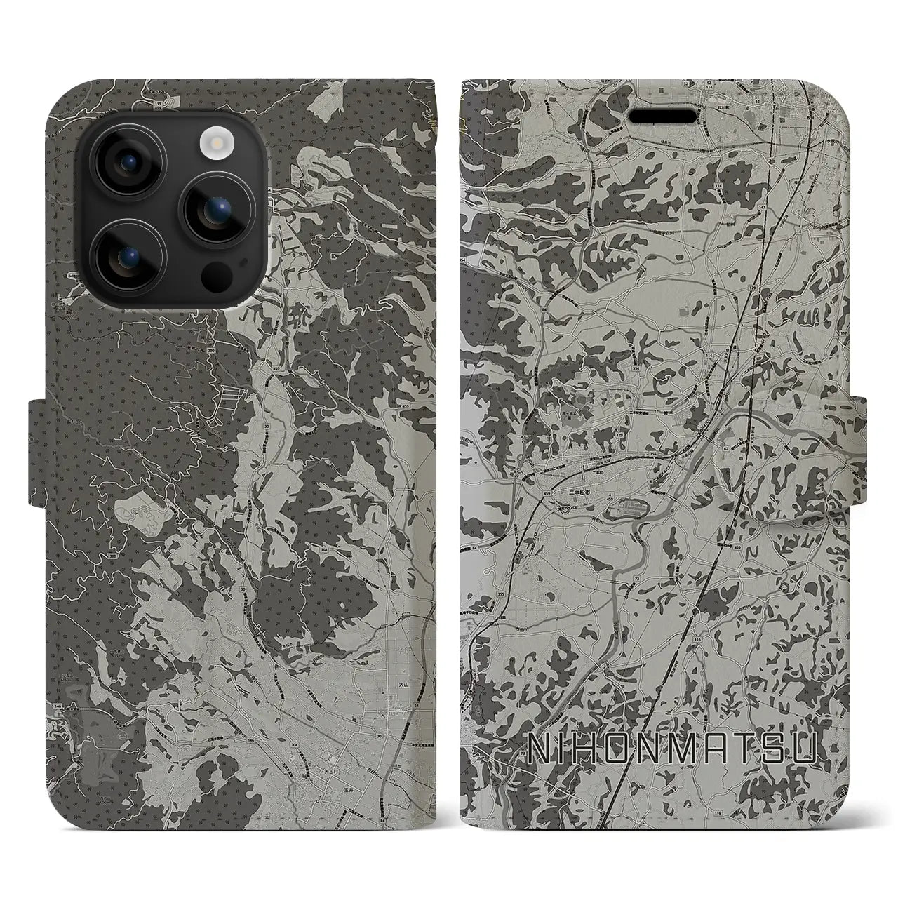 【二本松(福島県)】地図柄iPhoneケース(手帳タイプ)モノトーン・iPhone 16 用