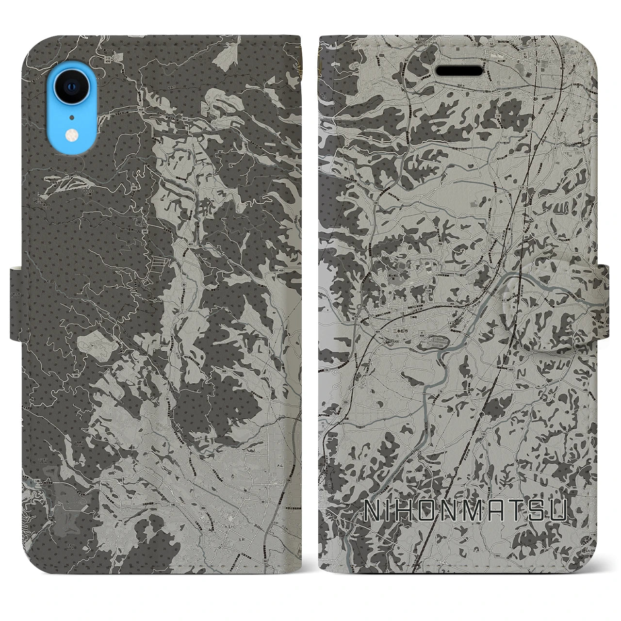 【二本松(福島県)】地図柄iPhoneケース(手帳タイプ)モノトーン・iPhone XR 用