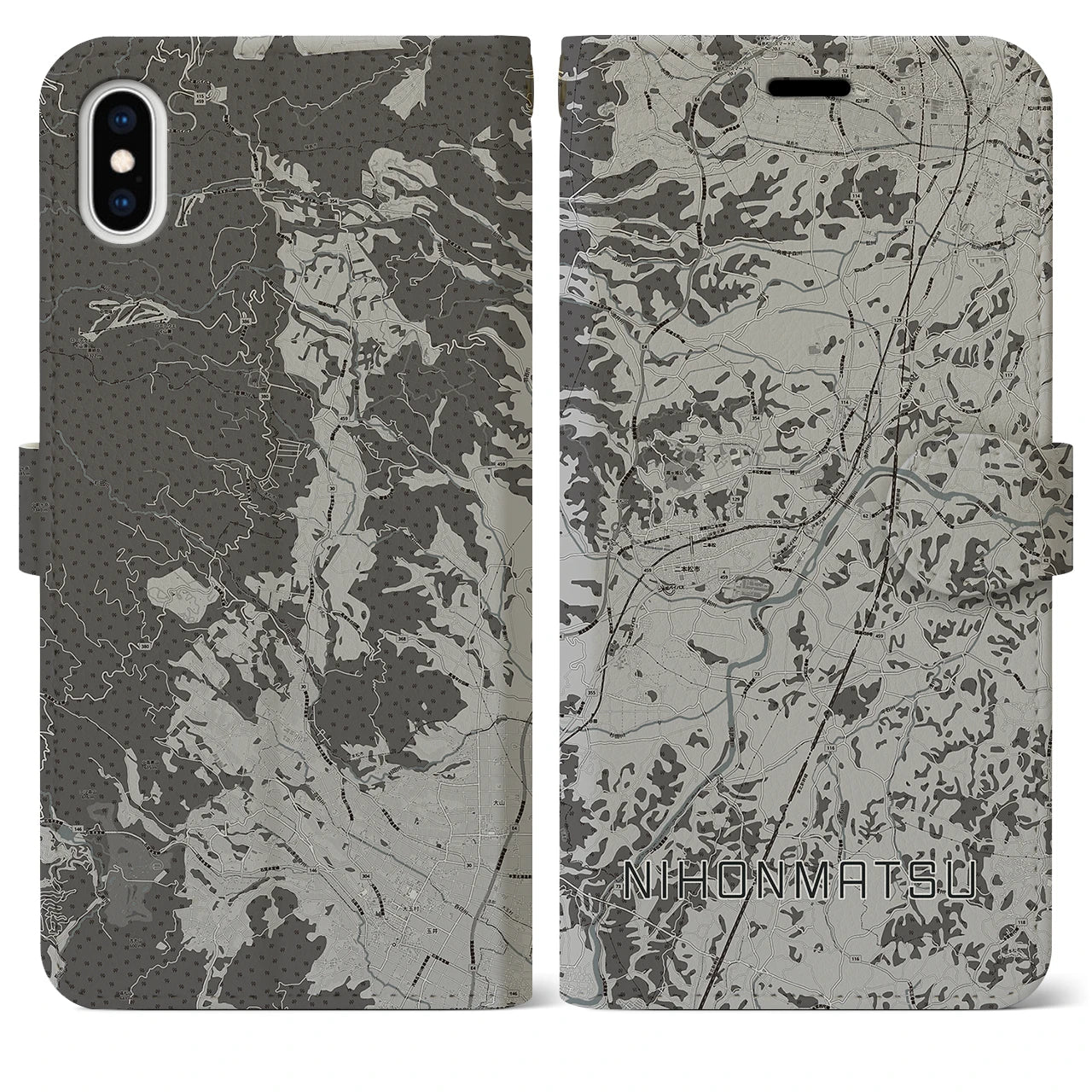 【二本松(福島県)】地図柄iPhoneケース(手帳タイプ)モノトーン・iPhone XS Max 用