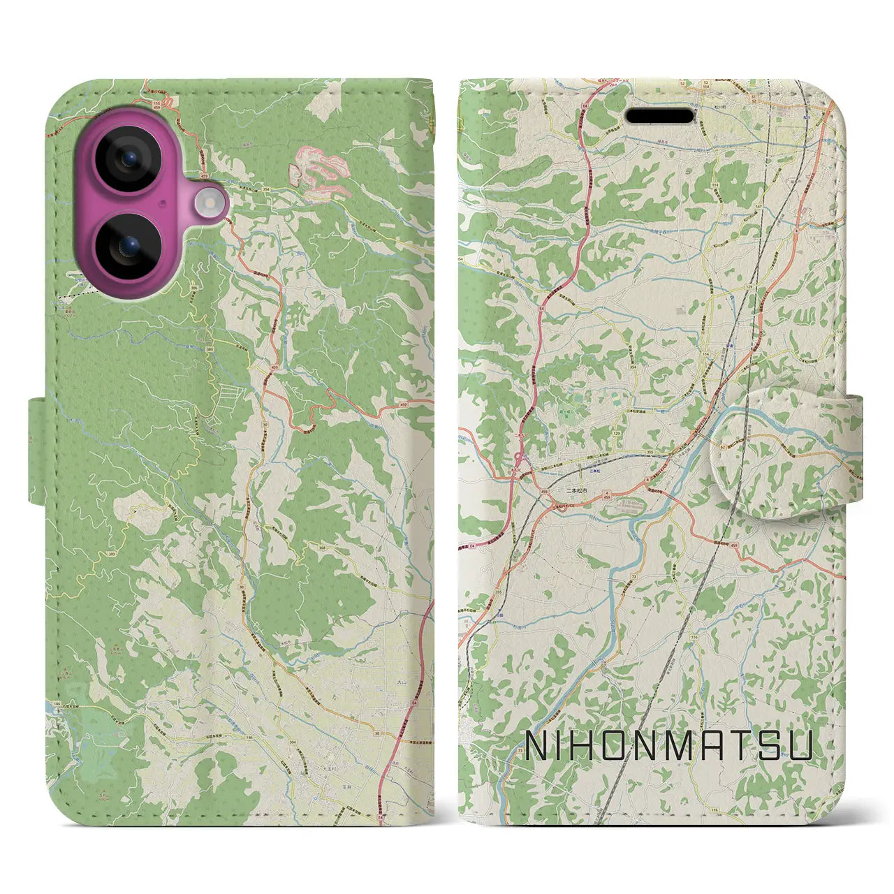 【二本松(福島県)】地図柄iPhoneケース(手帳タイプ)ナチュラル・iPhone 16 Pro 用